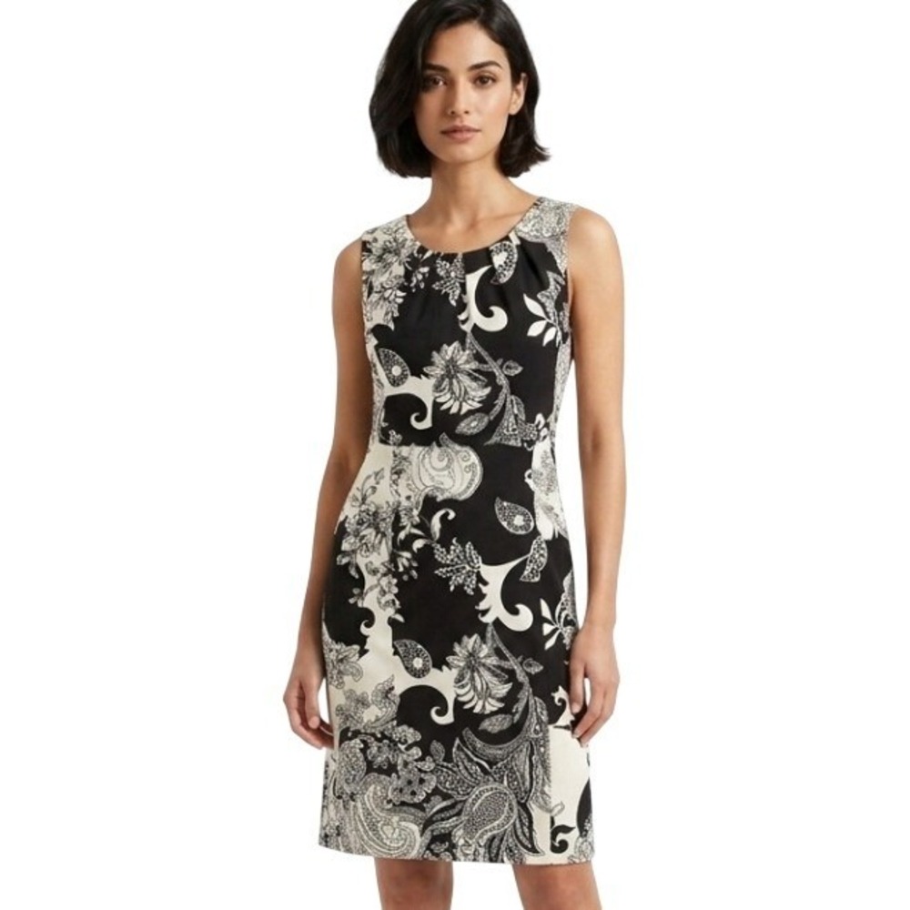 Talbots Floral Paisley Sheath Dress Womens 8P Black White Polished Classic Style